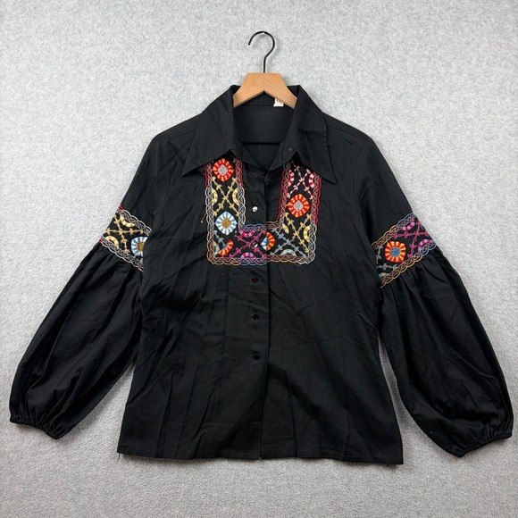 Fritzi Tops - Vintage 70s Fritzi Embroidered Blouse Womens Medium Black Balloon Sleeve Peasant
